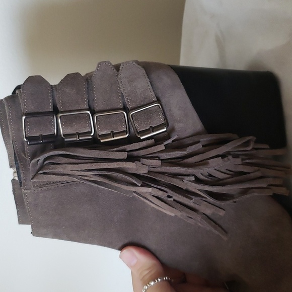 The Kooples fringe buckle genuine leather ankle booties, gray, women's 40 - Picture 2 of 12